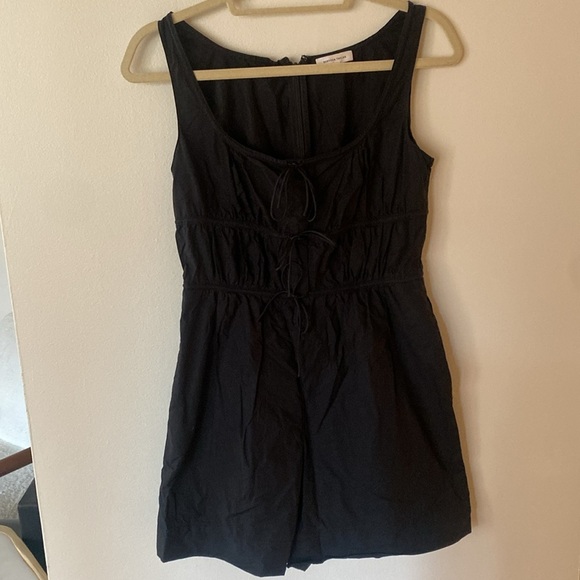 Rebecca Taylor Poplin Cotton Silk Blend Lace Tie Front Ruched Romper Black 2 - Picture 5 of 10